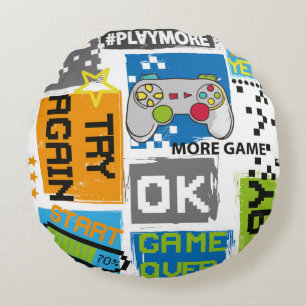 Typografie Spiel Pixel Druck. Game-Abbildung. Boje Rundes Kissen