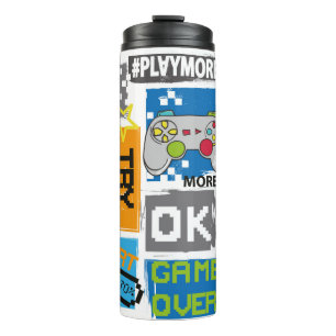 Typografie Spiel Pixel Druck. Game-Abbildung. Boje Thermosbecher