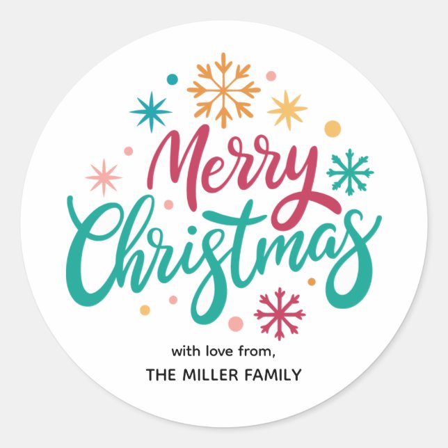 Typografie Sterne und Schneeflocken Frohe Weihnach Runder Aufkleber (Vorderseite)
