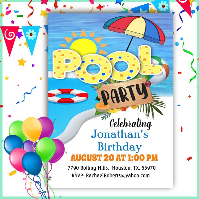 Typografie Summer Birthday Pool Party Einladung (Von Creator hochgeladen)