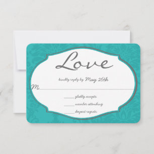 Typografie Türkise Blue Damask Wedding RSVP Karte