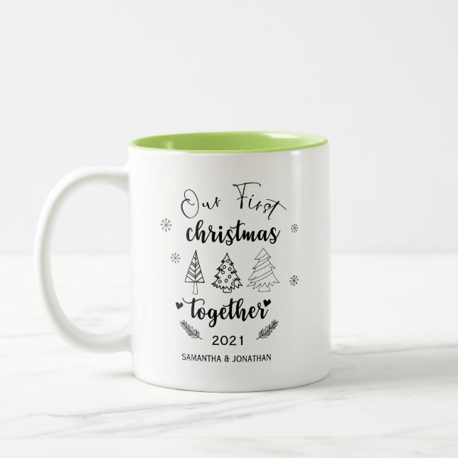 Typografie - unser erstes Weihnachten gemeinsam Zweifarbige Tasse (Links)