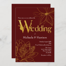 Typografie von Burgund und Goldfloralblüten Einladung