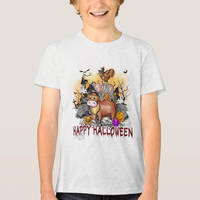 Typografie von niedlichen Halloween-Nutztieren Tri-Blend Shirt (Vorderseite)
