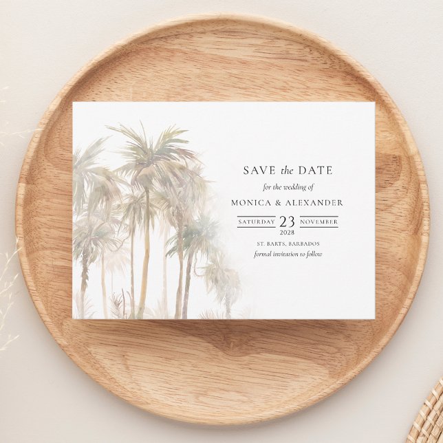 Typografie von tropischen Palmen Save the Date (Palm Tree Tropical Watercolor Save the Date Wedding Announcement)