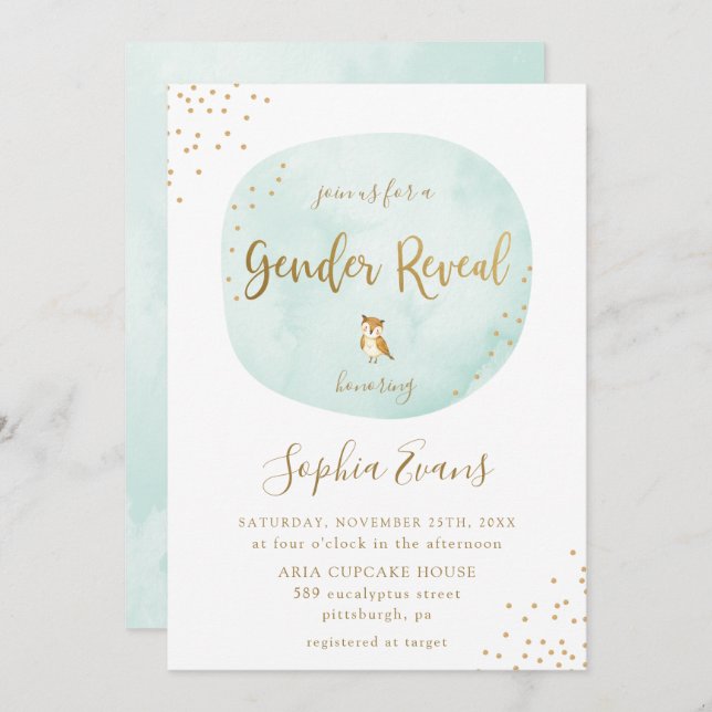 Typografie Watercolor Gender Reveal Green Gold Einladung (Vorne/Hinten)