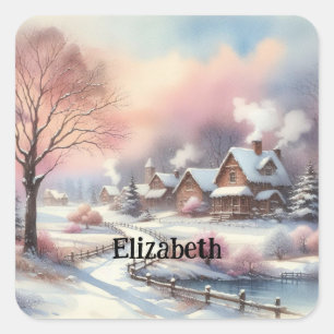 Typografie Winterlandschaft Hütte Aquarellplatz Quadratischer Aufkleber