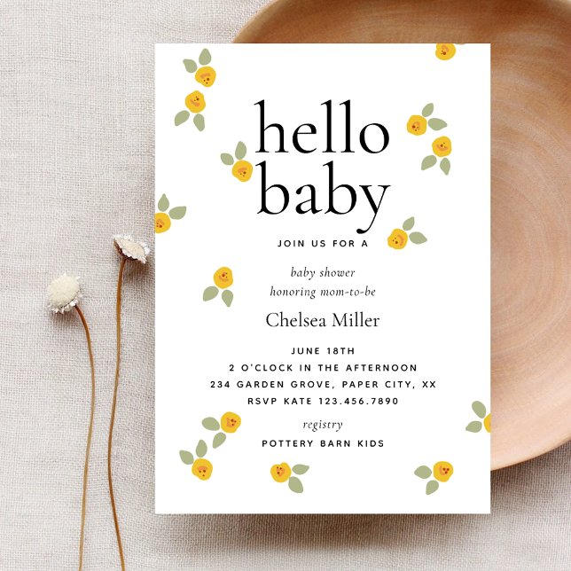 Typografie Yellow Floral Hello Baby Dusche Einladung (Von Creator hochgeladen)