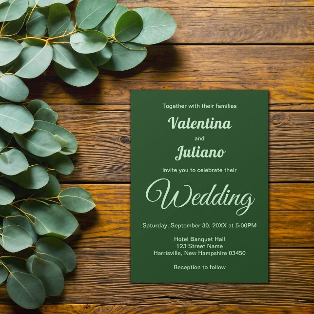 Typography Style Minimalist Dark Green Wedding Einladung (Dark Green Plain Text Wedding Invitation)