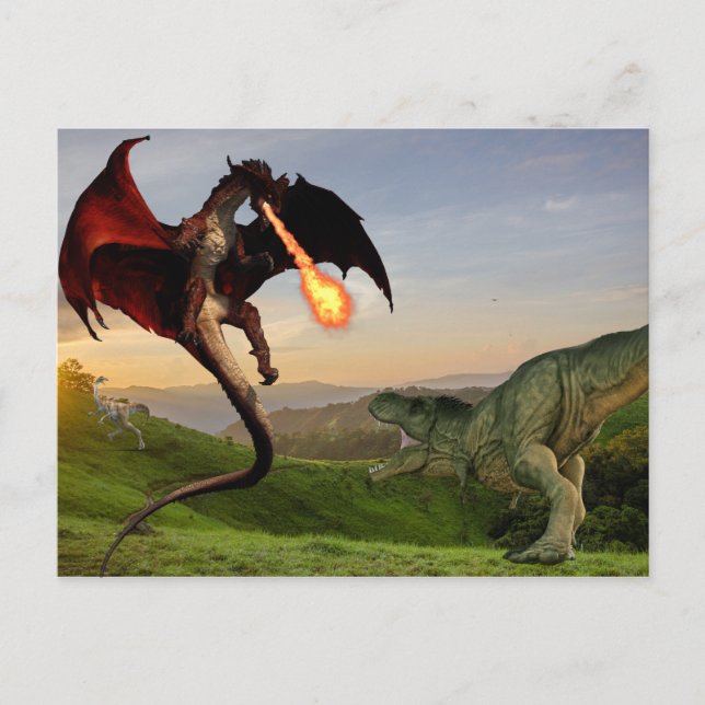 Tyrannosaurs Vs Red Fire Breathing Dragon Battle Postkarte (Vorderseite)