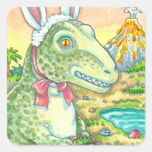 TYRANNOSAURUS, NIEDLICH T-REX, OSTBUNNY DINO QUADRATISCHER AUFKLEBER