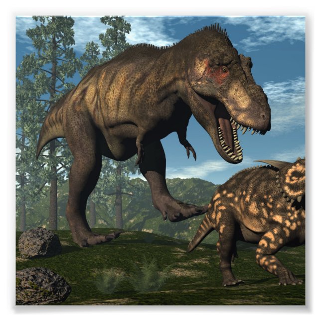 Tyrannosaurus-Rex attackiert Einiosaurus-Dinosauri Fotodruck (Vorne)