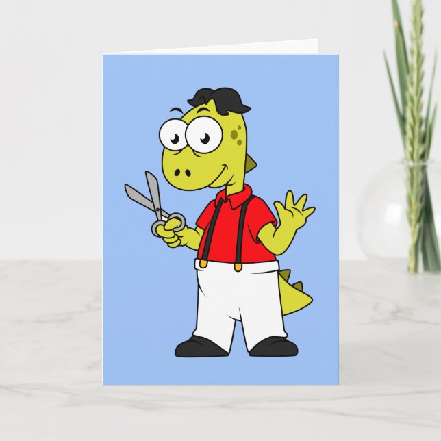 Tyrannosaurus Rex Barber mit Scheren. Karte (Vorderseite)