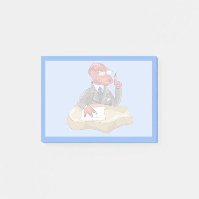 Tyrannosaurus Rex Boss sitzt an einem Schreibtisch Post-it Klebezettel (Vorderseite)