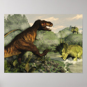 Tyrannosaurus rex, das gegen Styracosaurus kämpft Poster