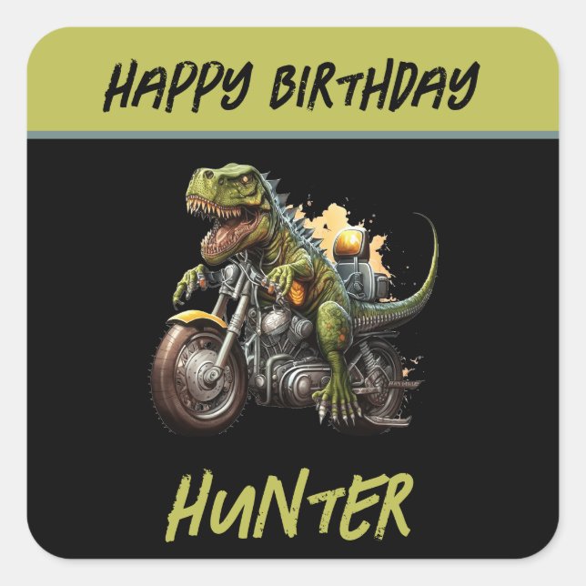 Tyrannosaurus Rex Dinosaur Motorrad Geburtstag Quadratischer Aufkleber (Vorderseite)