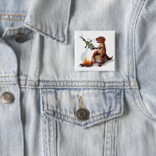 Tyrannosaurus Rex kocht Essen über einem Lagerfeue Button