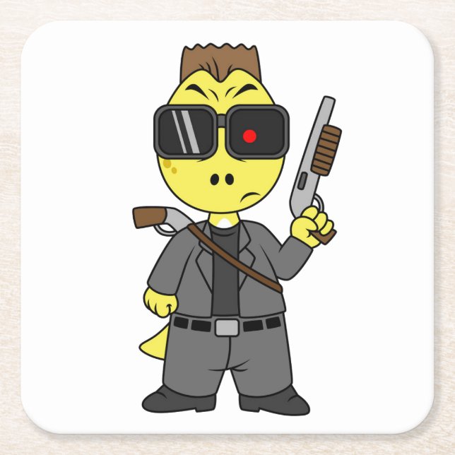 Tyrannosaurus Rex verkleidete sich als Terminator. Rechteckiger Pappuntersetzer (Vorderseite)