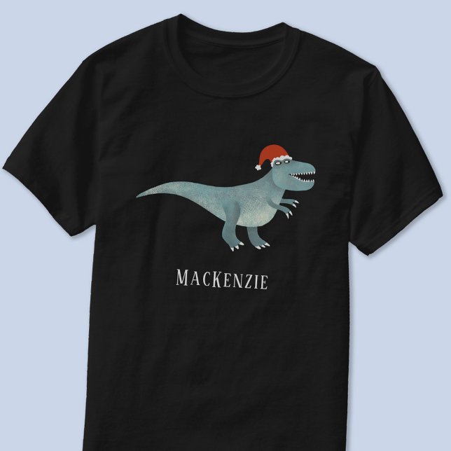 Tyrannosaurus Rex Weihnachtsfeierliche Weihnachtsm T-Shirt (Fun personalized name text Tyrannosaurus Rex in a Christmas Santa hat t-shirt)