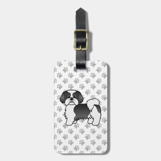 Tzu-Cartoon-Hund mit schwarzem und weißem Shih und Gepäckanhänger (Vorderseite vertikal)