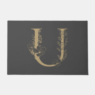 U Boho Floral Monogram Initial Gray Gold Fußmatte