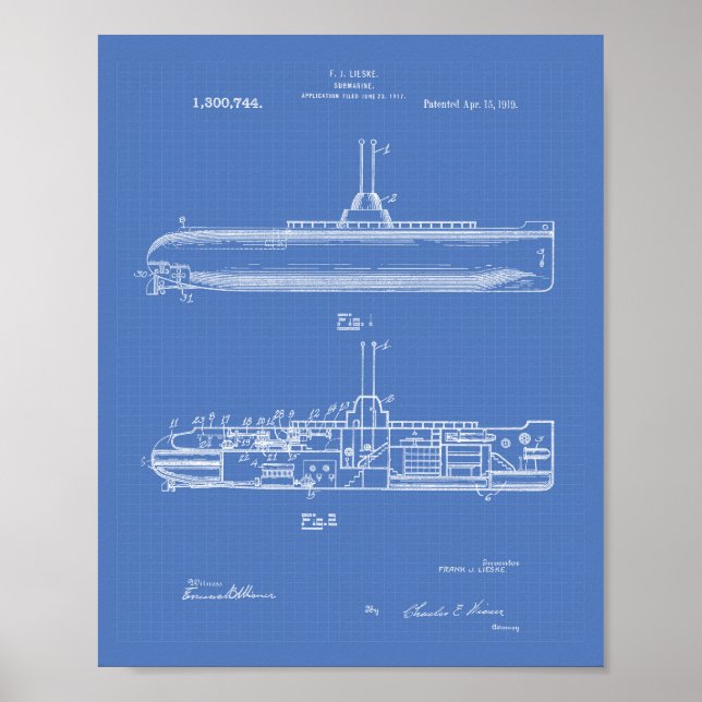 U-Boot 1919 Patent Kunst Blaupause Poster (Vorne)