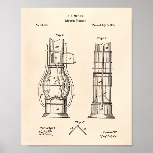 U-Boot-Teleskop 1864 Patent Art Old Peper Poster (Vorne)