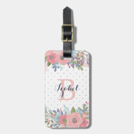 U. erröten blaues Blumen-Polka-Punkt-Monogramm Gepäckanhänger