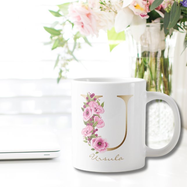 U Letter Gold Monogram Pink Magenta Floral Jumbo-Tasse (Von Creator hochgeladen)