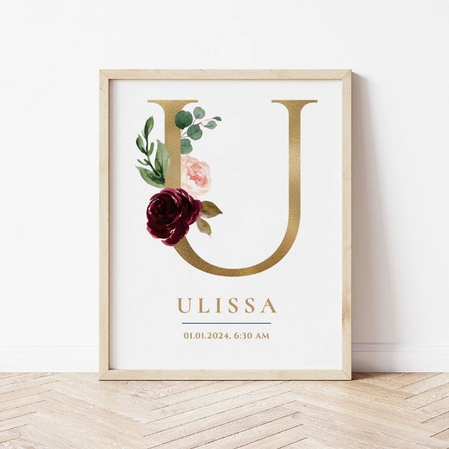 U Letter Monogram Name Marsala Floral Kinderzimmer Poster (Von Creator hochgeladen)