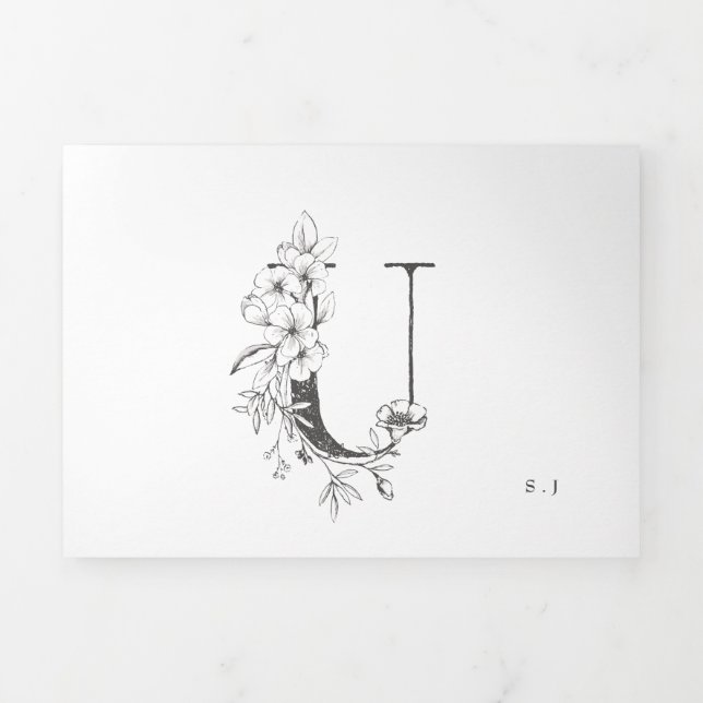 'U' Monogram Schöne gezeichnete Blumenhochzeit Dreifach Gefaltete Einladung (Cover)