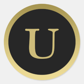 U :: Monogramm U Elegantes Gold- und Schwarz-Stick Runder Aufkleber