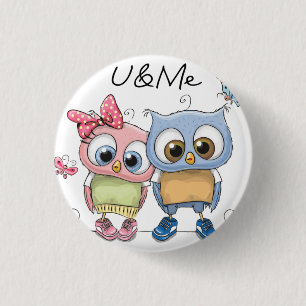 U und Me Twin Owls Pinback Button - Cute Forest Bi