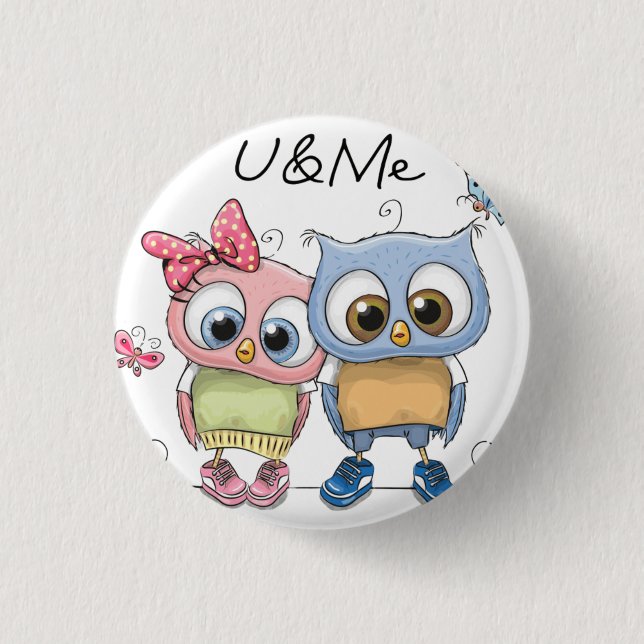 U und Me Twin Owls Pinback Button - Cute Forest Bi (Vorderseite)