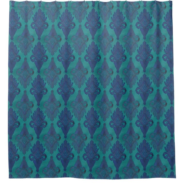 Uabek Stammmuster IKAT Vintag Blue Green Navy Duschvorhang (Vorderseite)