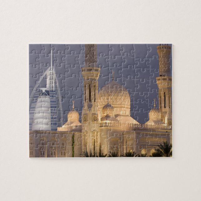 UAE, Dubai. Moschee im Abend mit Burj al Arab Puzzle (Horizontal)