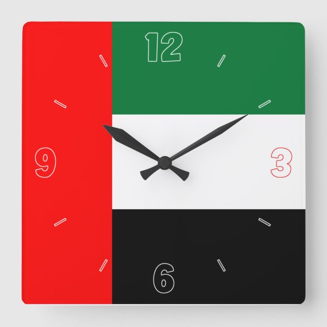 UAE Flag Red Black Green White Numbers Patriotic Quadratische Wanduhr (Vorderseite)