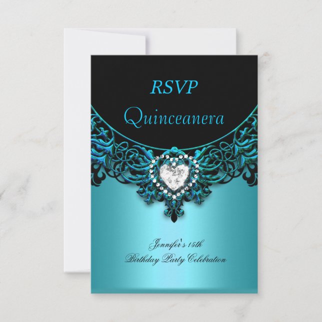UAWG 15. Quinceanera Aqua Blue Aquamarin Black Dia RSVP Karte (Vorderseite)