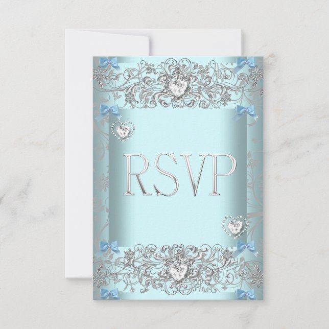 UAWG Aquamarin Blue Damask Wedding White Diamond H RSVP Karte (Vorderseite)