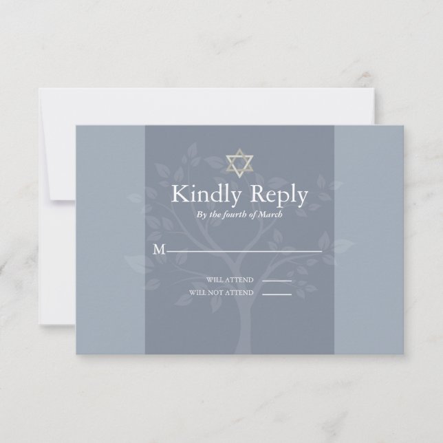 UAWG Bar Mitzvah Dusty Blauer Baum des Lebens RSVP Karte (Vorderseite)