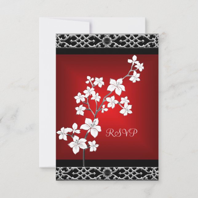 UAWG Birthday Asian Red Black Floral Silver White RSVP Karte (Vorderseite)