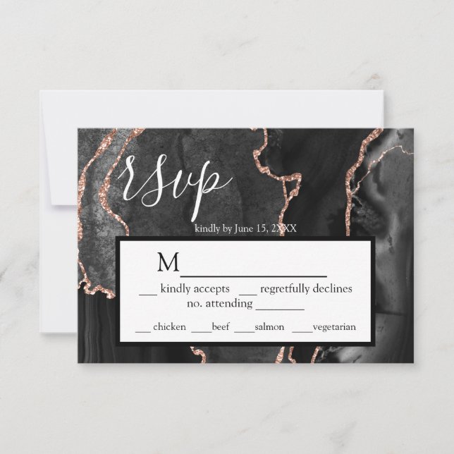 UAWG Black Agate Rose Gold Glitzer Response Card RSVP Karte (Vorderseite)