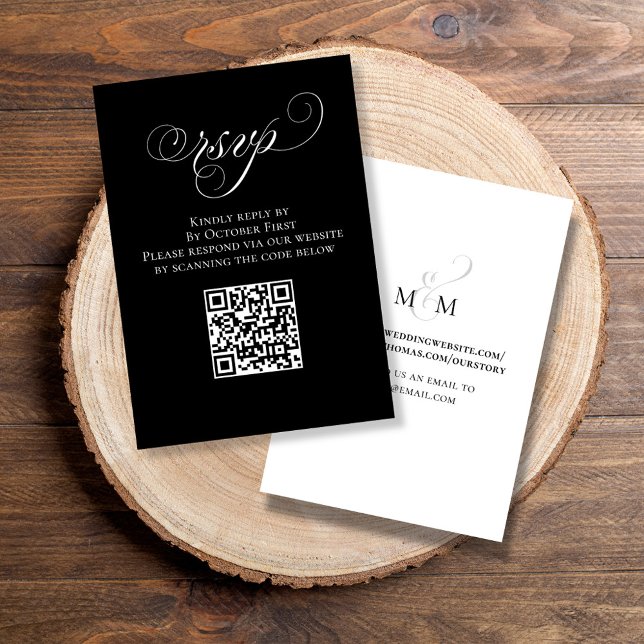UAWG Black and White QR Code Kalligrafie Begleitkarte (Elegant RSVP enclosure card with calligraphy script and QR Code. )