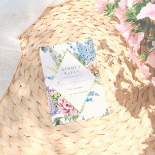 UAWG   Blaues und Lila Wasserfarbenblühen mit Gold RSVP Karte