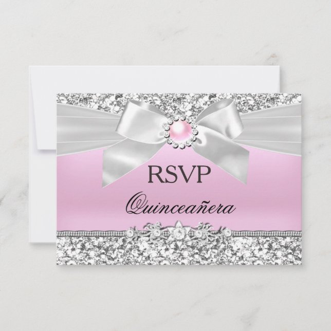 UAWG Blush Pink Glitzer Pearl Bow Quinceanera RSVP Karte (Vorderseite)