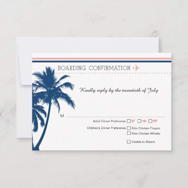 UAWG Boarding Pass Navy Blue & Blush Pink RSVP Karte (Vorderseite)