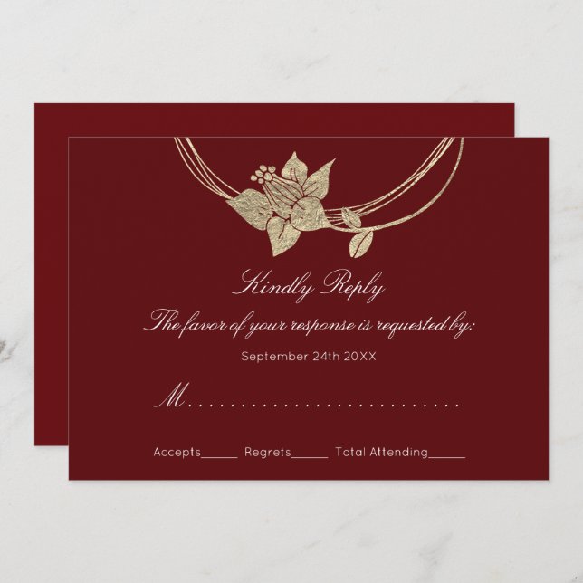 UAWG Burgundy Maroon Gold Floral Wreath Wedding Einladung (Vorne/Hinten)