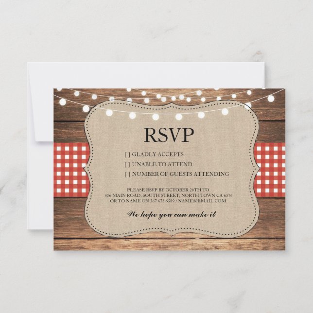UAWG Burlap Wedding Wood Rustic Red Karo Cards RSVP Karte (Vorderseite)