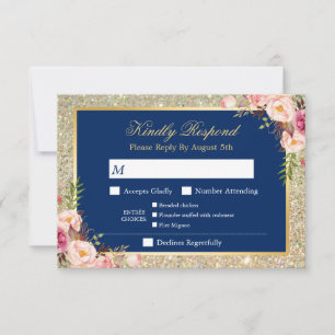 UAwg des Navy Blue Floral Gold Glitzer Entree RSVP Karte