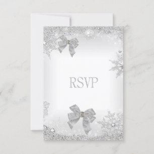 UAWG Elegant Wedding Glitzer Silver White Bow Set RSVP Karte